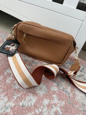 Modern+Chic Tan Pebble Crossbody with Striped Strap
